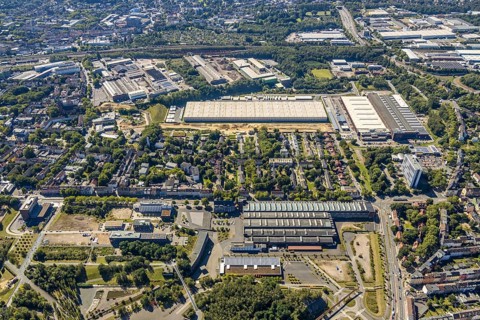 Aerial view, southern Westpark with DSV Stuttgart GmbH & Co., Kruppwerke, Bochum, Ruhr area, North