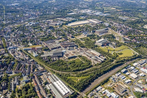 Aerial view, Hamme, overview with Westpark and Jahrhunderthalle, Bochum, Ruhr area, North