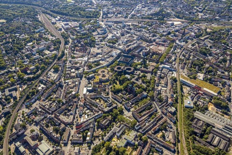 Aerial view, overview Bochum city centre from north to south with central station, mining museum,