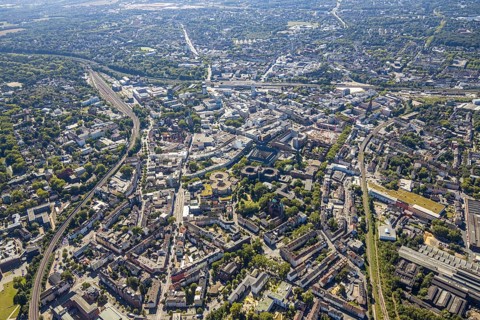 Aerial view, overview Bochum city centre from north to south with central station, mining museum,