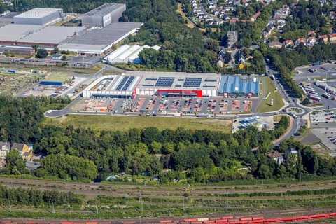 Aerial view, Hagebaumarkt Ziesak, Opel Warehouse Bochum, Langendreer, Bochum, Ruhr area, North