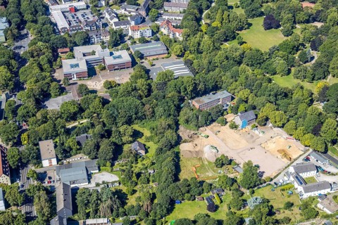Aerial view, construction area Dördelstraße, police Langendreer, Langendreer, Bochum, Ruhr area,