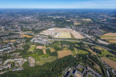 Aerial photo, MARK 51°7, new building Zess, Nordhausen-Ring and motorway A448, Laer, Bochum, Ruhr