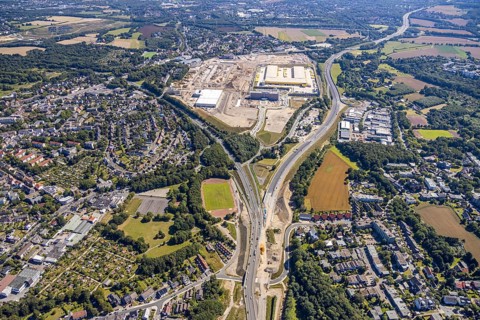 Aerial photo, MARK 51°7, new building Zess, Nordhausen-Ring and motorway A448, Laer, Bochum, Ruhr