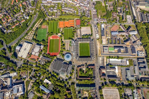 Aerial view, Bochum prison, construction site, Krümmede 3, Vonovia Ruhrstadion an der Castroper