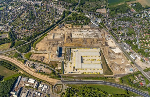 Aerial view, new construction DHL logistics parcel centre, former Opel site, former Opel