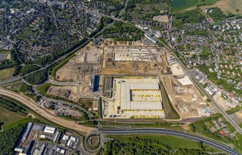 Aerial view, new construction DHL logistics parcel centre, former Opel site, former Opel