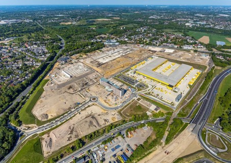 Aerial view, new construction DHL logistics parcel centre, former Opel site, former Opel