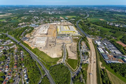 Aerial view, new construction DHL logistics parcel centre, former Opel site, former Opel