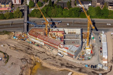 Aerial view, construction site former Opel site, Hans-Dobbertin-Straße, Laer, Bochum, Ruhr area,