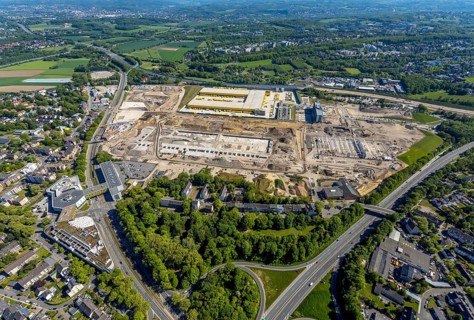 Aerial view, new construction DHL logistics parcel centre, former Opel site, former Opel