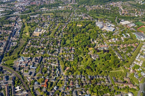 Aerial view, City Park, Zoo and Fossilium Bochum, Bismarck Tower, St. Josef-Hospital - Katholisches