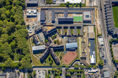 Aerial view, correctional facility Bochum, construction site, Krümmede 3, Bochum, Ruhr area, North