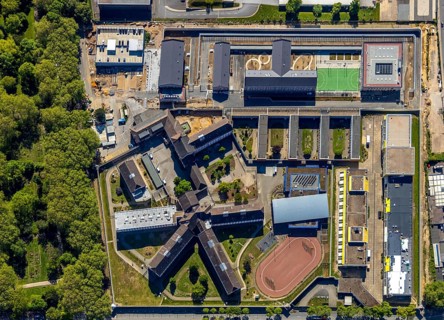 Aerial view, correctional facility Bochum, construction site, Krümmede 3, Bochum, Ruhr area, North