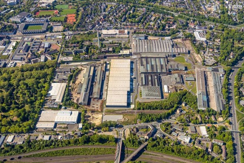 Aerial photograph, thyssenkrupp Steel Europe AG Bochum plant, Bochum prison, Castroper Straße,