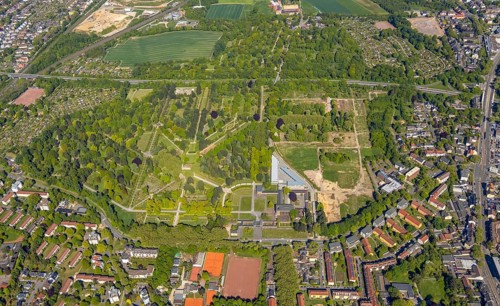 Aerial view, main cemetery, volunteer fire brigade Altenbochum, Bochum, Ruhr area, North