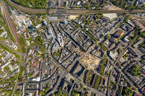 Aerial view, city centre view, Bochum main station, construction site and new construction for