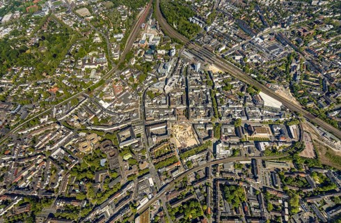 Aerial view, city centre view, Bochum main station, construction site and new construction for