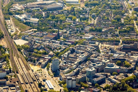Aerial view, city centre view, Bochum central station, demolition of multi-storey car park P7,