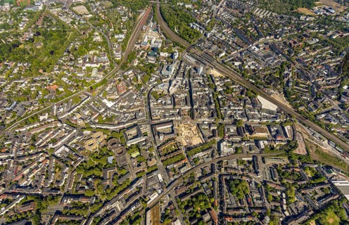 Aerial view, city centre view, Bochum main station, construction site and new construction for