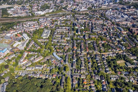 Aerial view, Ehrenfeld, Romanusplatz, Wiemelhausen, Bochum, Ruhr area, North Rhine-Westphalia,