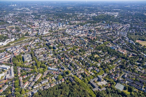 Aerial view, Ehrenfeld, Romanusplatz, Wiemelhausen, Bochum, Ruhr area, North Rhine-Westphalia,