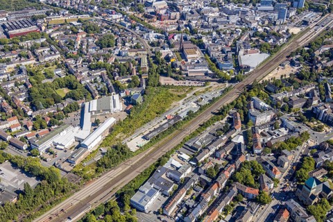 Aerial view, City-Tor Süd, Kruppwerke, Rotunde Bochum, RIFF - Veranstaltungs-GmbH, Bochum, Ruhr