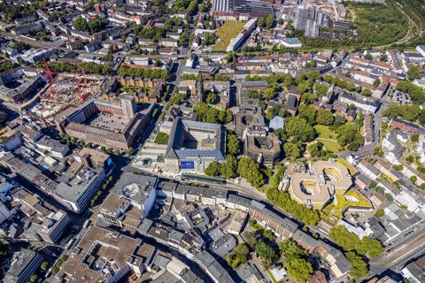 Aerial view, city hall Bochum, Telekomblock and BVZ area, Gleisdreieck, Bochum, Ruhr area, North