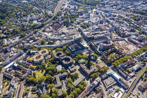 Aerial view, city hall Bochum, Telekomblock and BVZ area, Gleisdreieck, Bochum, Ruhr area, North