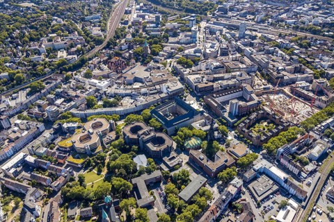 Aerial view, city hall Bochum, Telekomblock and BVZ area, Gleisdreieck, Bochum, Ruhr area, North