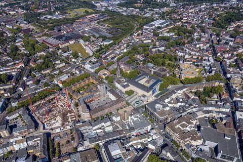 Aerial view, city hall Bochum, Telekomblock and BVZ area, Gleisdreieck, Bochum, Ruhr area, North