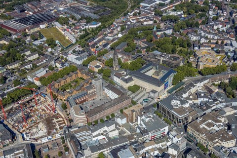 Aerial view, city hall Bochum, Telekomblock and BVZ area, Gleisdreieck, Bochum, Ruhr area, North