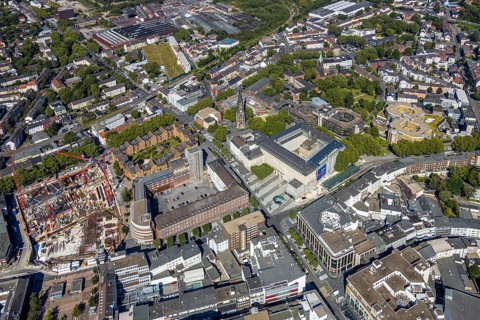 Aerial view, city hall Bochum, Telekomblock and BVZ area, Gleisdreieck, Bochum, Ruhr area, North