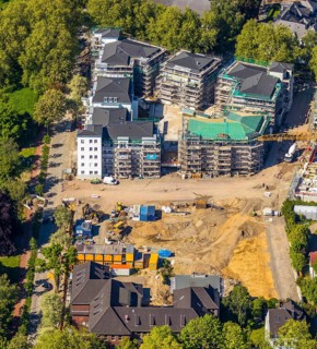 Aerial view, construction site residential quarter Wielandstraße, former RWE administrative