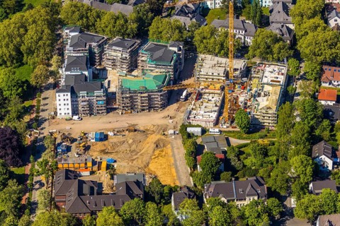 Aerial view, construction site residential quarter Wielandstraße, former RWE administrative