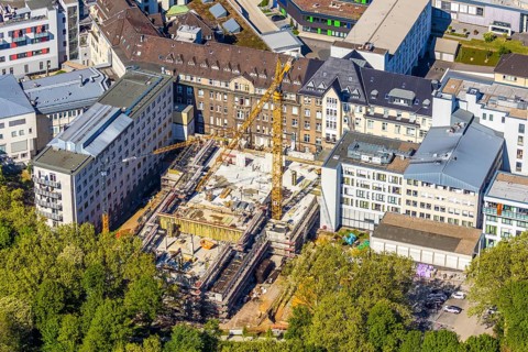 Aerial view, St. Josef-Hospital - Catholic Hospital Bochum, construction site new surgery wing,