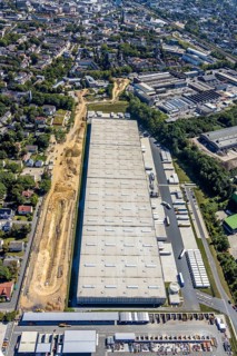 Aerial view, truck haulage DSV Stuttgart GmbH & Co, Kruppwerke, Bochum, Ruhr area, North