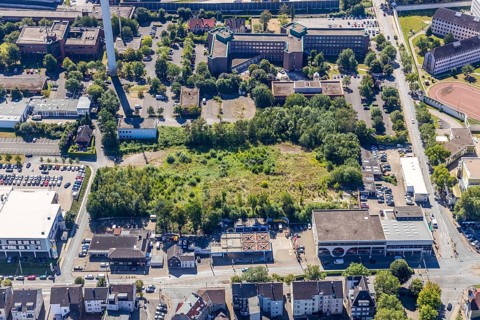 Aerial view, area at Castroper Straße for the planned Green Mosque Ruhr, next to car dealership