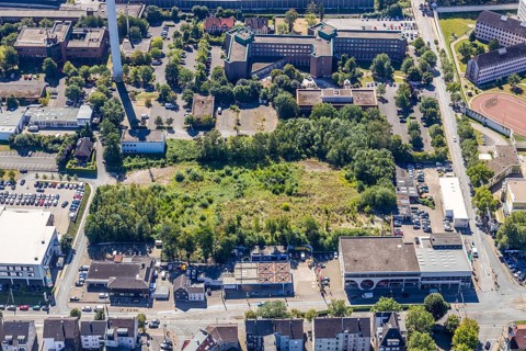 Aerial view, area at Castroper Straße for the planned Green Mosque Ruhr, next to car dealership