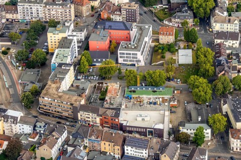 Aerial view, construction site reconstruction REWE Mokanski supermarket, Hochstraße, Wattenscheid,