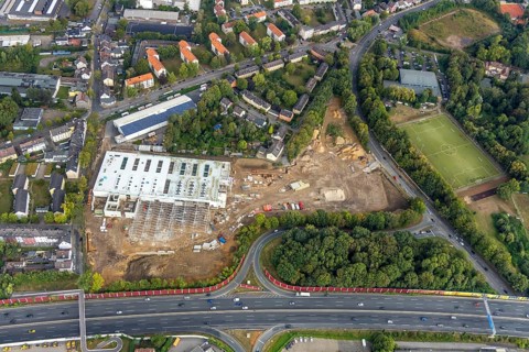 Aerial view, Berliner Straße, planned DIY store with garden centre, motorway A40, junction