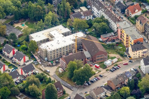 Aerial view, construction site new building Ludwig-Steil-Haus, senior centre, Wattenscheid, Bochum,