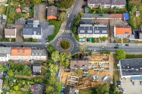 Aerial view, construction site new building Hansastraße 84 at roundabout, Wattenscheid, Bochum,