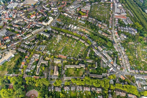 Aerial view, allotment garden site Friedlicher Nachbar, Hüllerstraße, allotment garden association