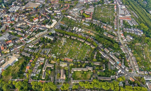 Aerial view, allotment garden site Friedlicher Nachbar, Hüllerstraße, allotment garden association