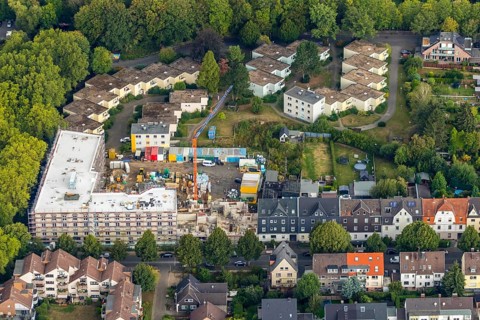 Aerial view, residential quarter with care facility Am Beisenkamp, Wattenscheid, Bochum, Ruhr area,