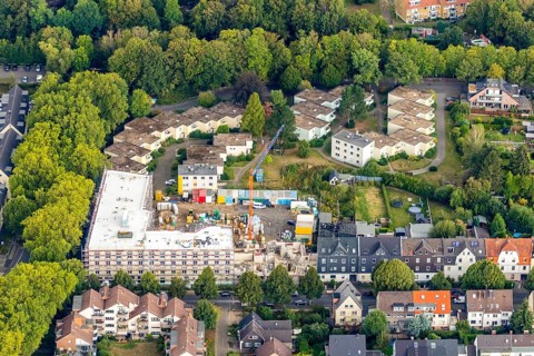 Aerial view, residential quarter with care facility Am Beisenkamp, Wattenscheid, Bochum, Ruhr area,