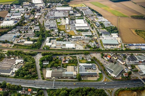 Aerial view, industrial area west, Berliner Straße, Sevinghausen, Bochum, Ruhr area, North