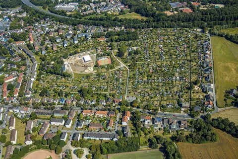 Aerial view, allotment garden site with new club house, allotment garden association Bochum-Riemke