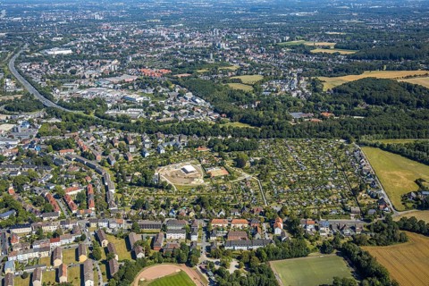 Aerial view, allotment garden site with new club house, allotment garden association Bochum-Riemke